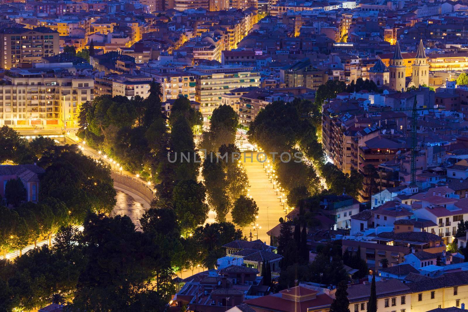 Panorama of Granada at night. Granada, Andalusia, Spain.