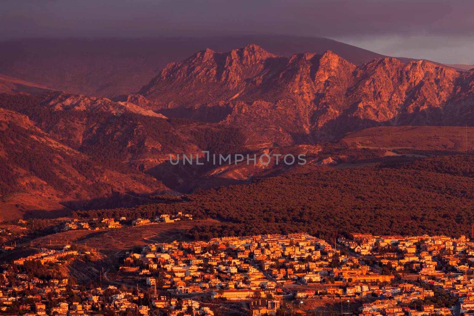 Panorama of Granada and Sierra Nevada National Park. Granada, Andalusia, Spain.