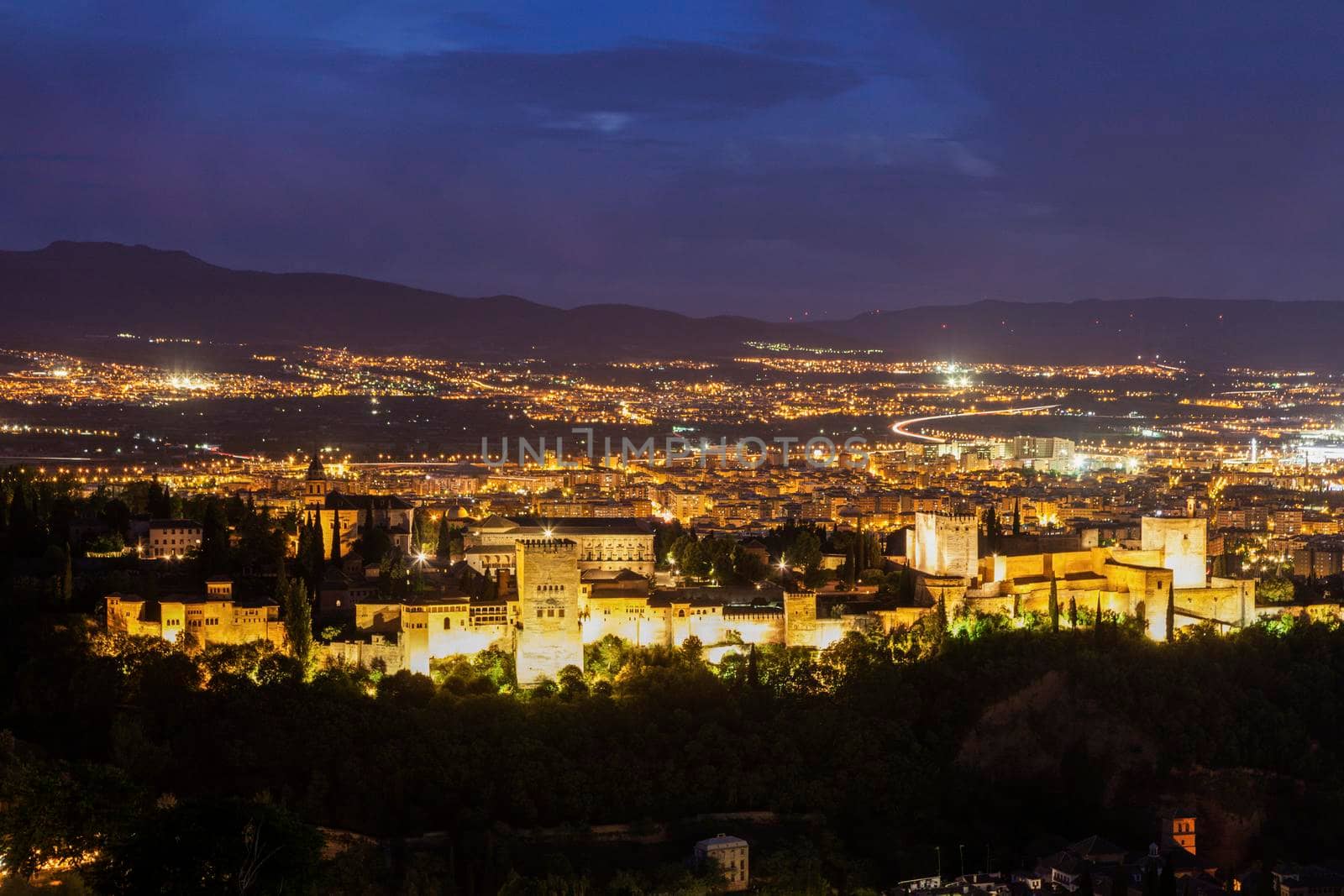 Evening panorama of Granada - aerial photo. Granada, Andalusia, Spain.