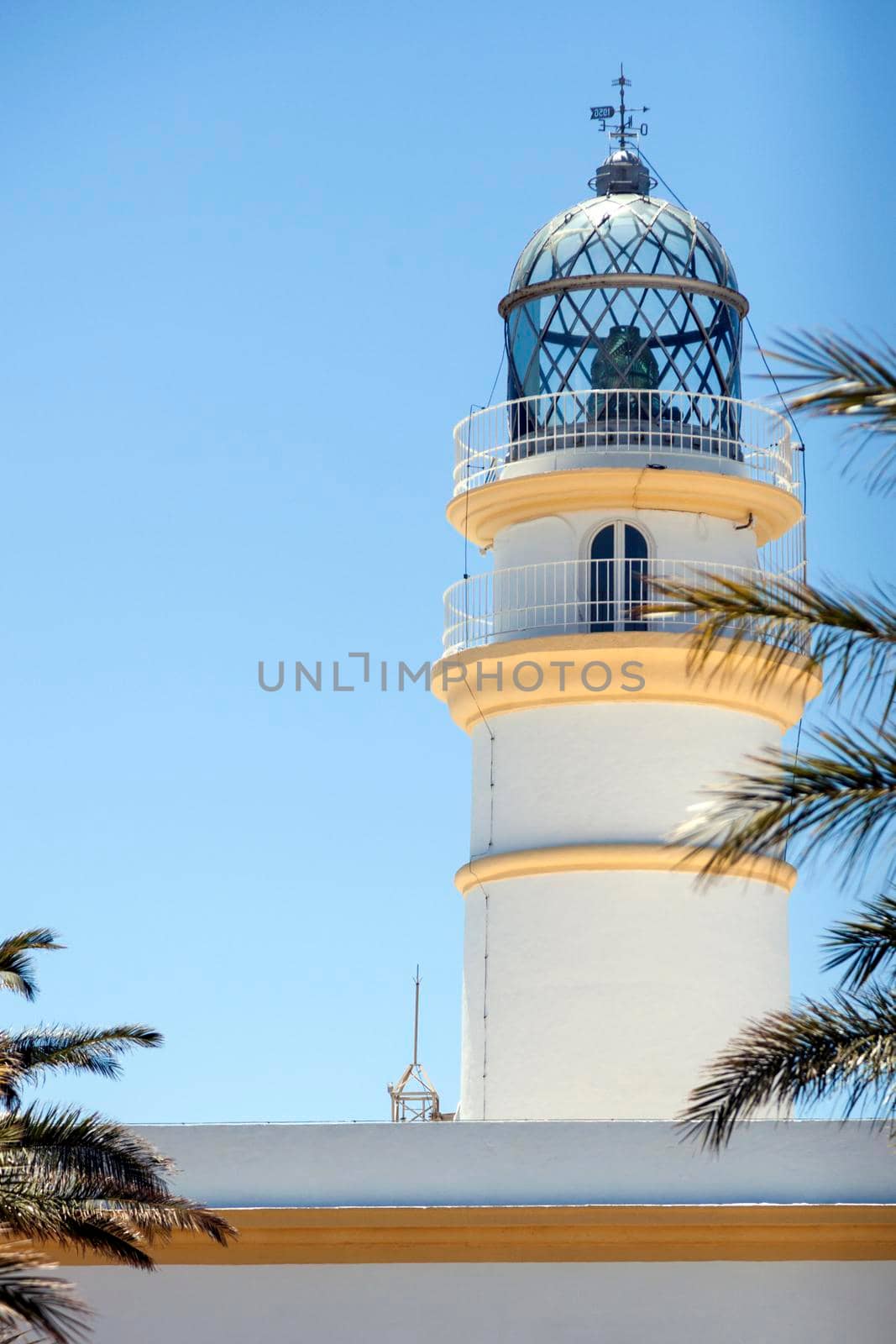 Sacratif Lighthouse against blue sky. Andalusia, Spain.