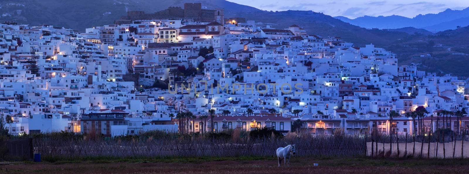 Panorama of Salobrena at evening. Salobrena, Andalusia, Spain.
