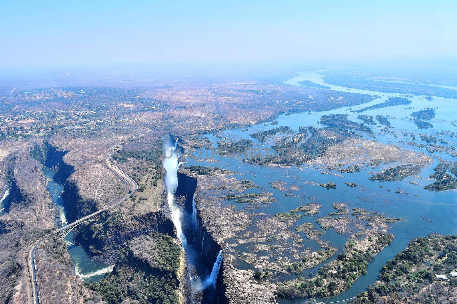Aerial view of Victoria Falls and Zambezi river