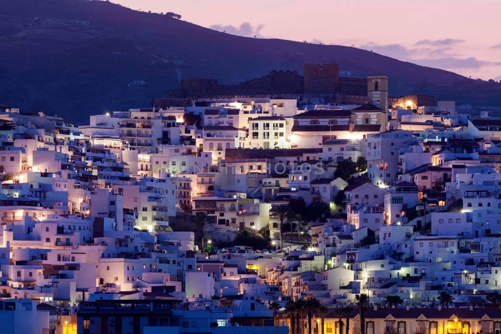 Panorama of Salobrena at sunset. Salobrena, Andalusia, Spain.