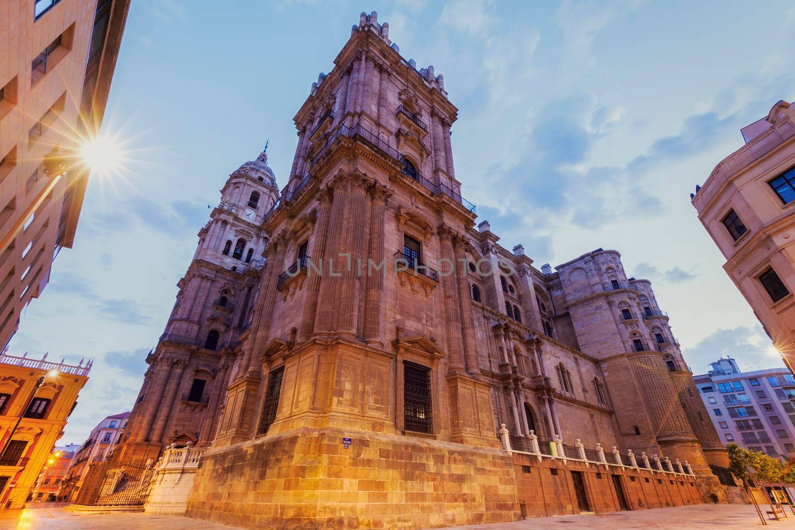 Malaga Cathedral at dawn. Malaga, Andalusia, Spain.