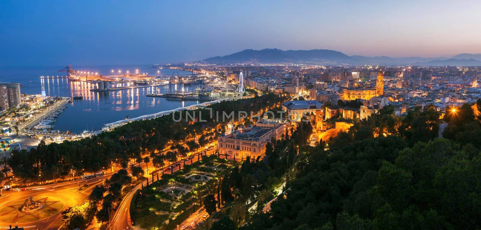 Architecture of Malaga at evening. Malaga, Andalusia, Spain.