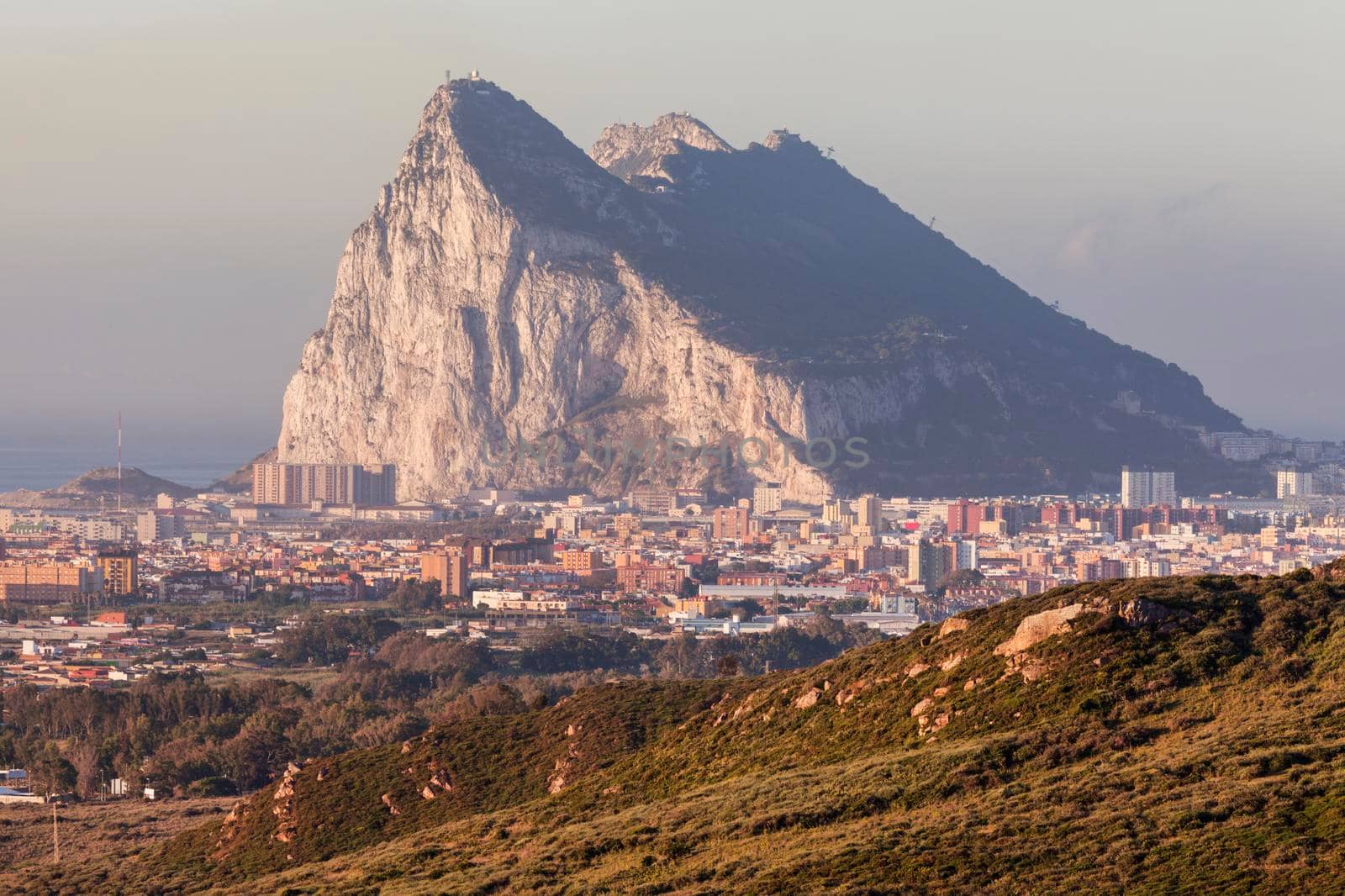 Panorama of Gibraltar seen from La Linea de la Concepcion. La Linea de la Concepcion, Andalusia, Spain.