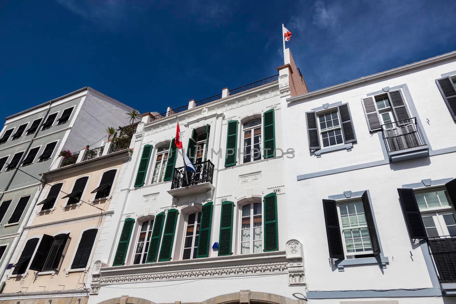 Architecture of Gibraltar seen during afternoon. Gibraltar.
