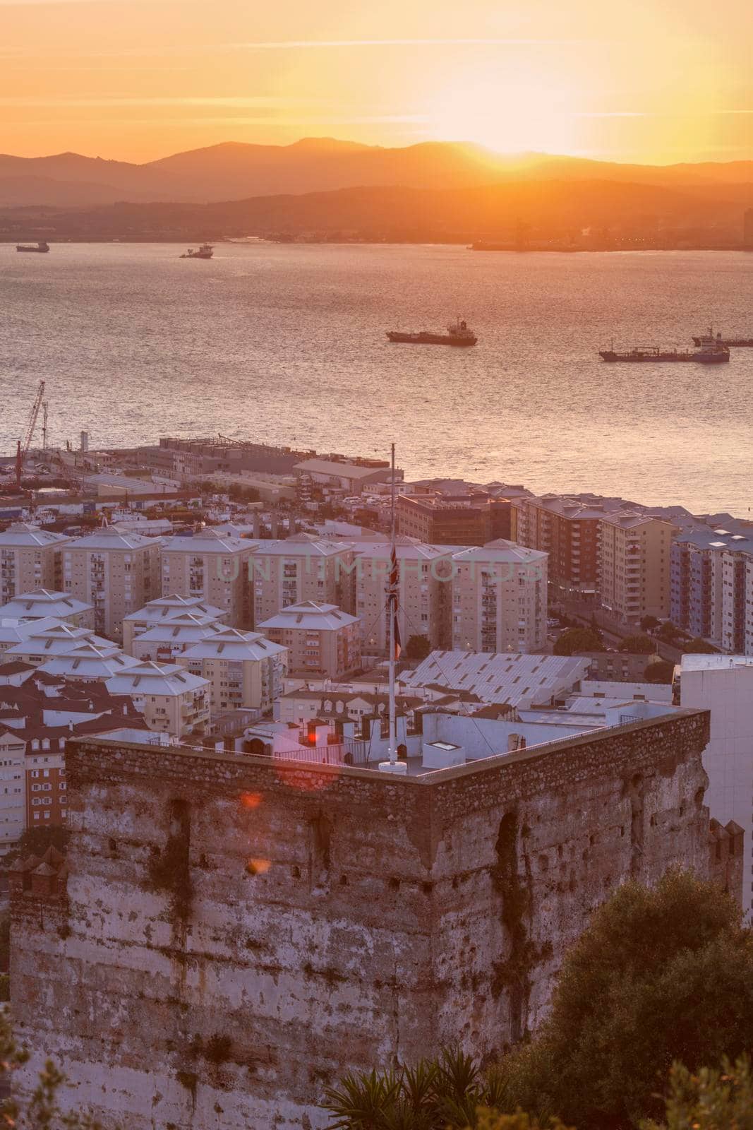 Panorama of Gibraltar at sunset. Gibraltar, Gibraltar.