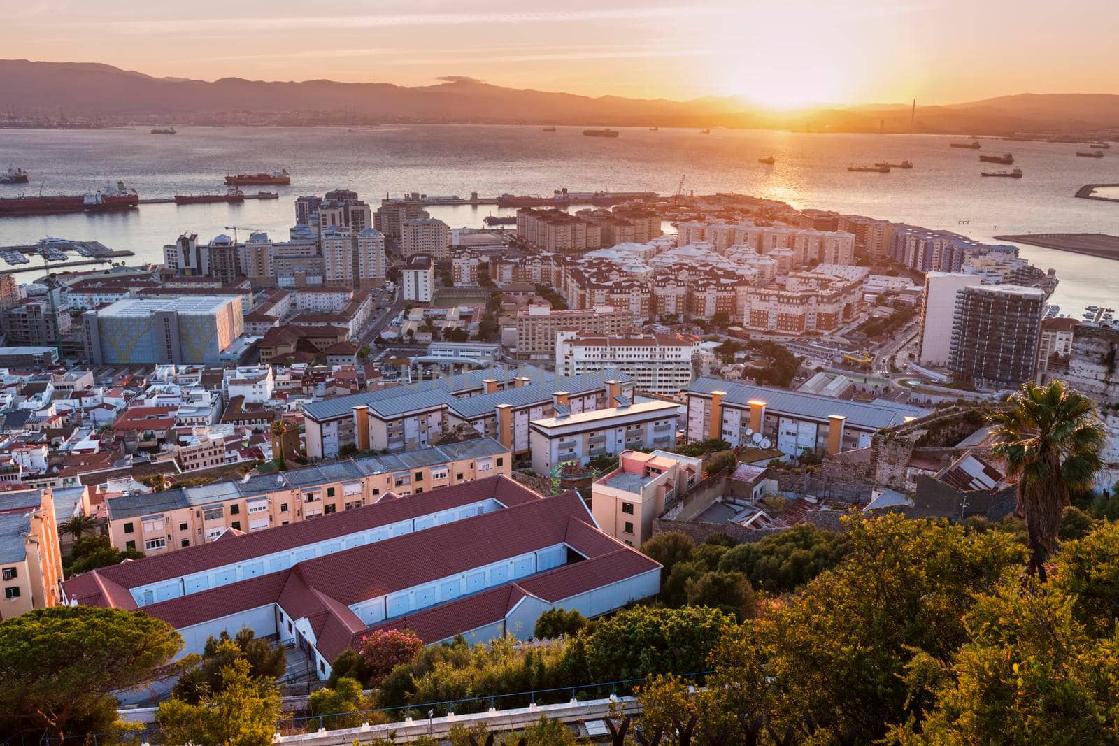 Aerial panorama of Gibraltar at sunset