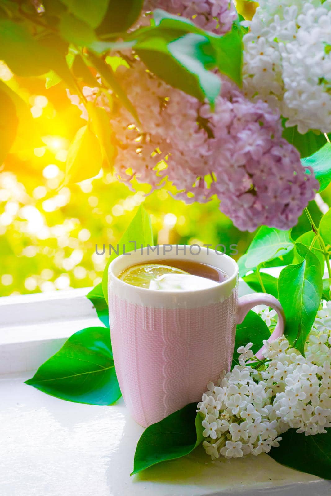 Lilac and tea . Hot drink. Summer flowers. The evening Cup of tea.