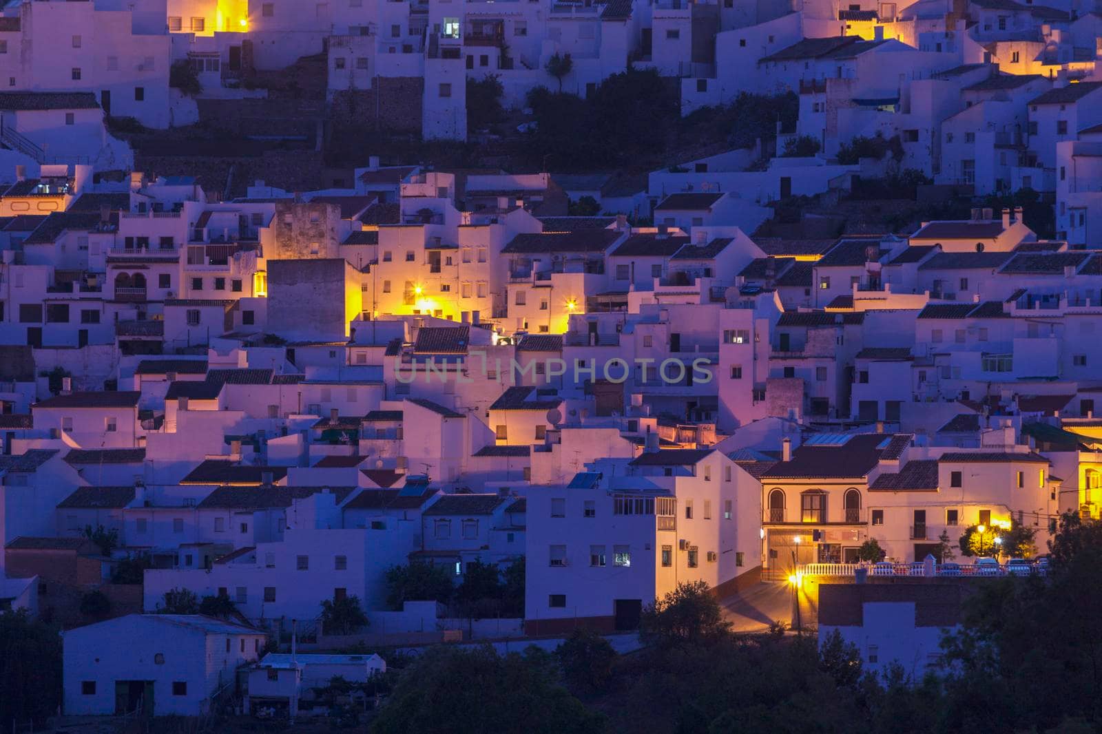 Houses of Olvera at night. Olvera, Andalusia, Spain.