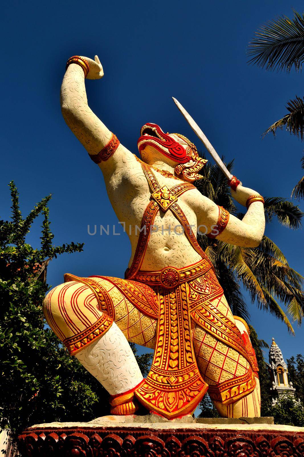 View of a statue in the modern Ek Phnom temple, Battambang, Cambodia