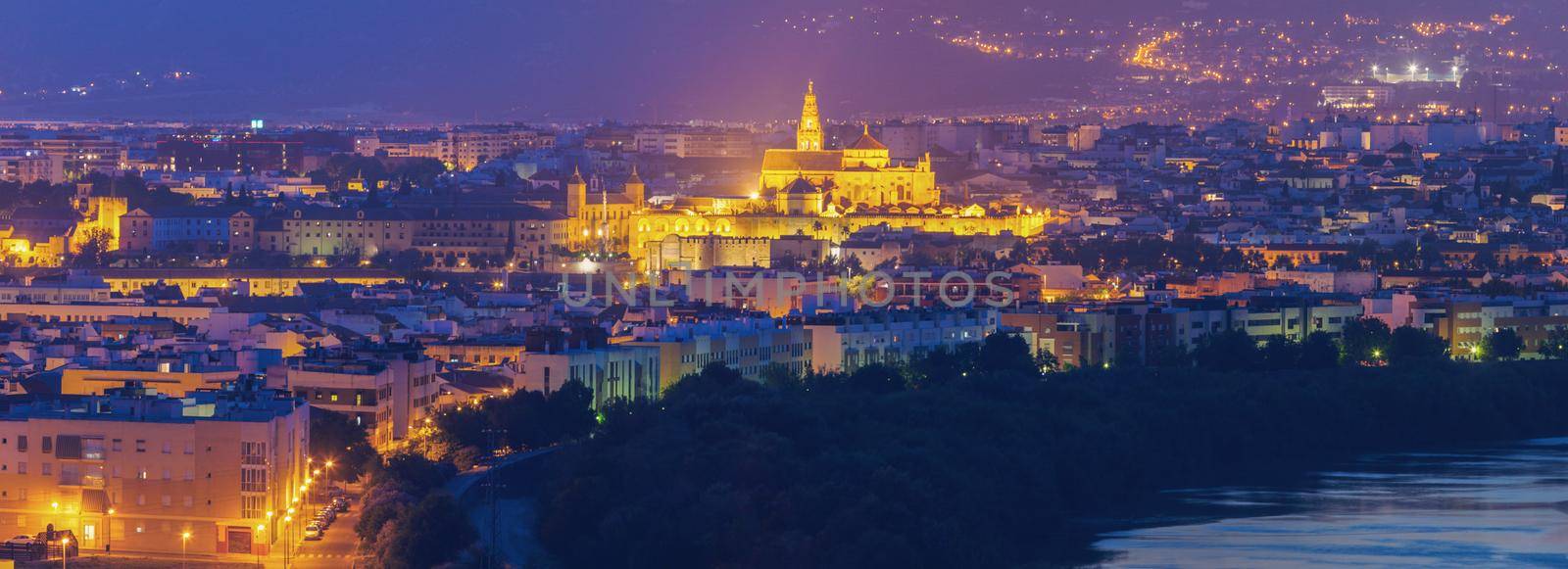 Night panorama of Cordoba with Mosque Cathedral. Cordoba, Andalusia, Spain.