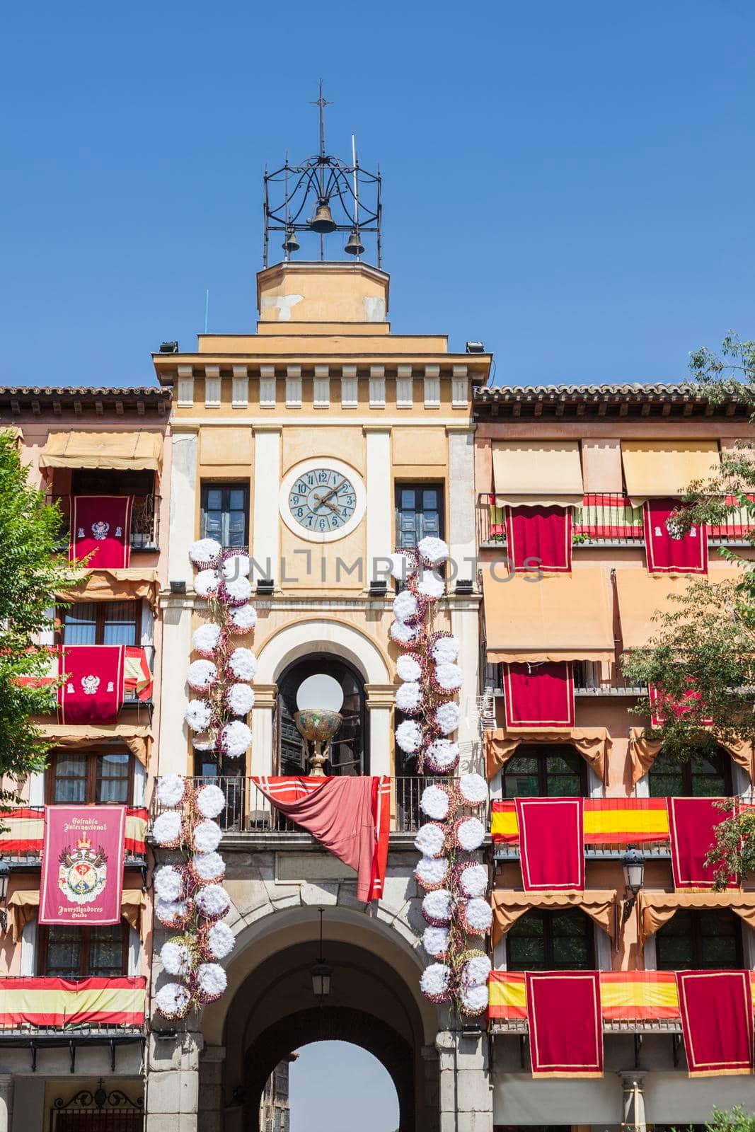Sangre Arch on Plaza de Zocodover in Toledo decorated for Corpus Christi. Toledo, Castile–La Mancha, Spain.