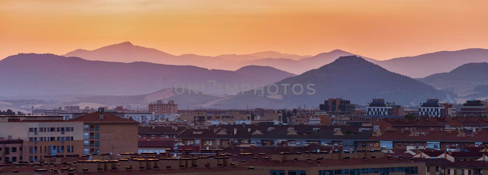 Panorama of Pamplona at sunset. Pamplona, Navarre, Spain.