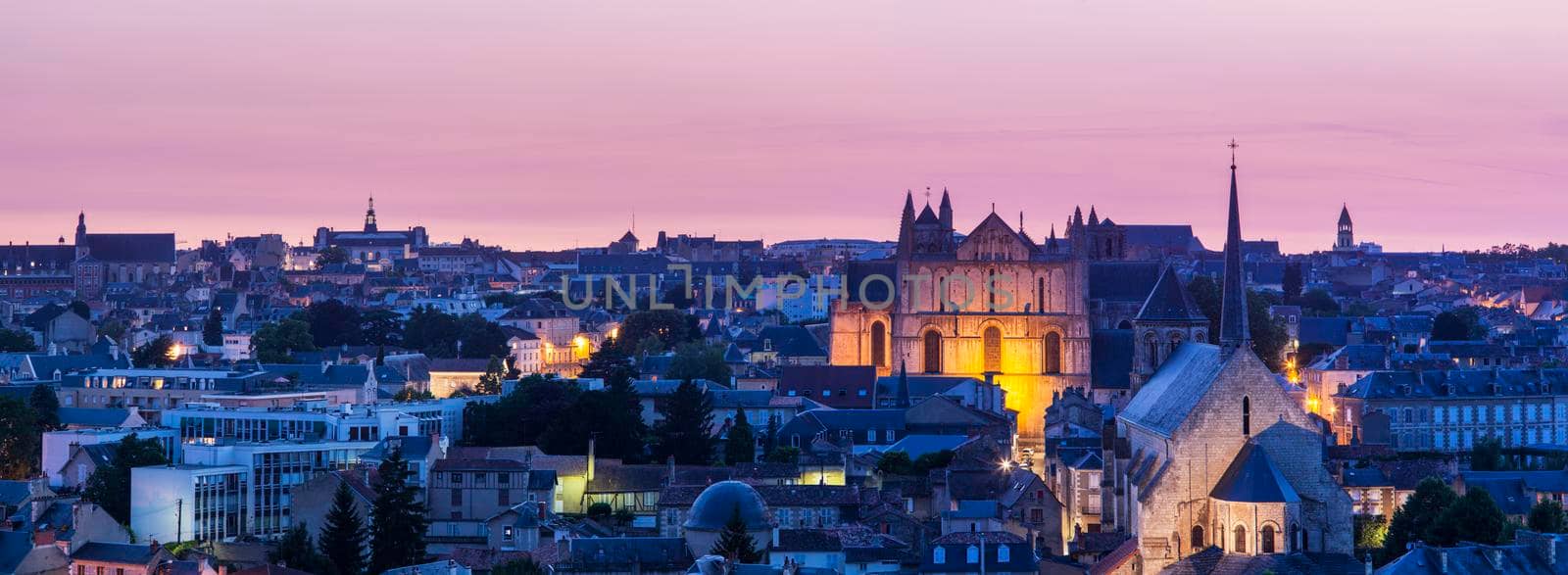 Panorama of Poitiers with Cathedral of Saint Peter at sunset. Poitiers, Nouvelle-Aquitaine, France.