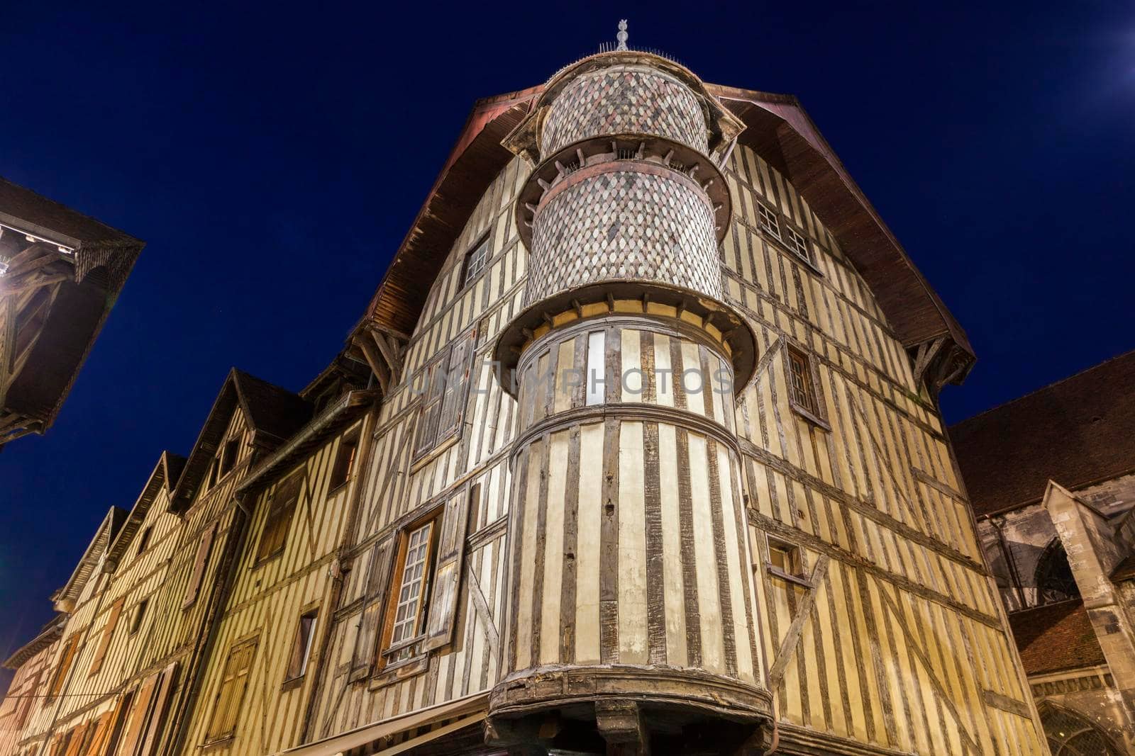 Old architecture of Troyes at night. Troyes, Grand Est, France.