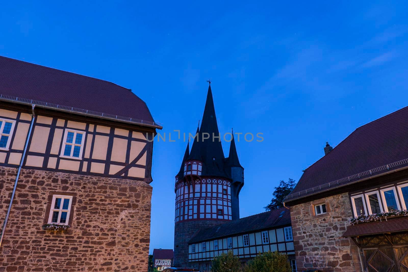 Town Hall and old tower in Neustadt, Germany. Neustadt, Hesse, Germany.