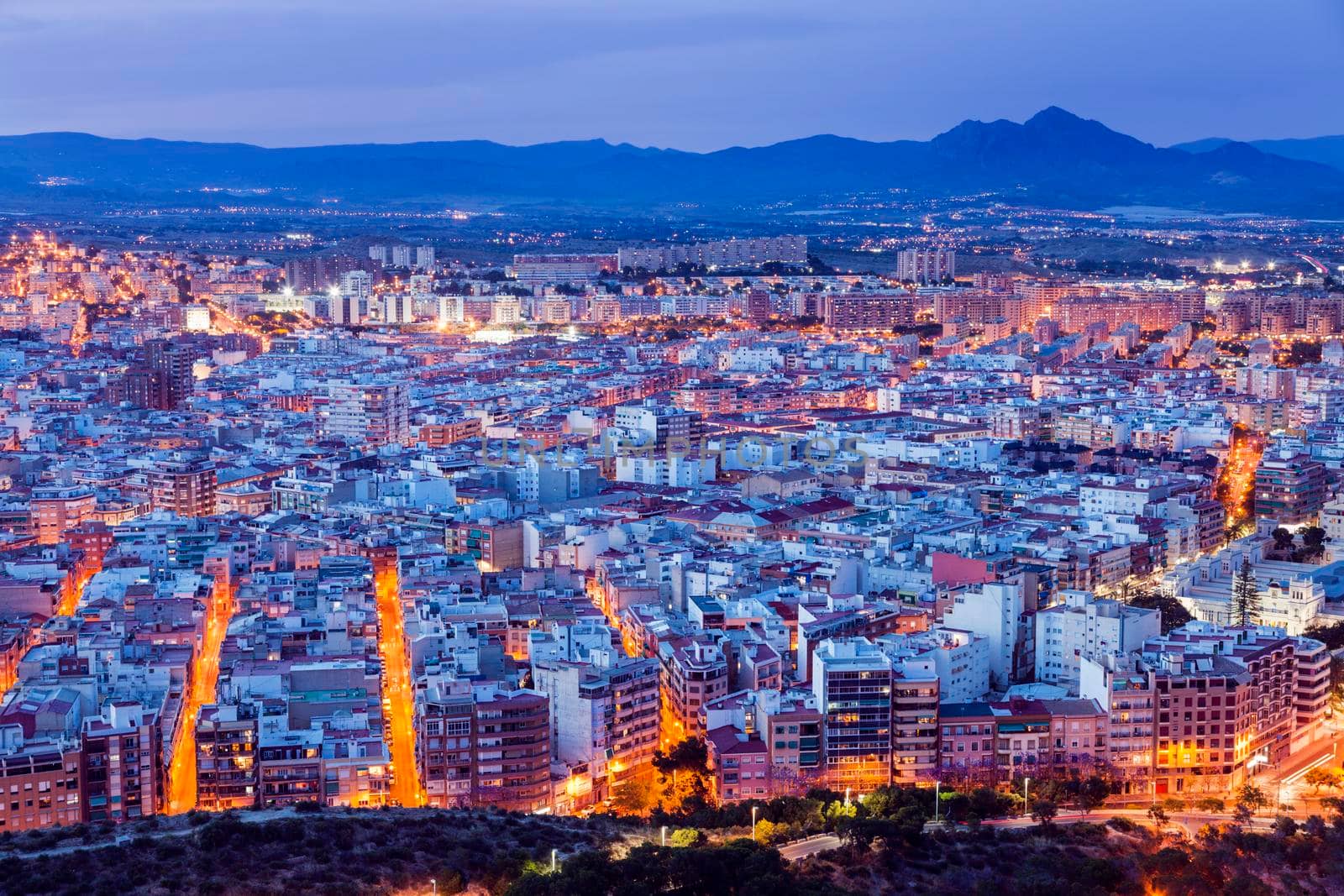 Panorama of Alicante at night. Alicante, Valencian Community, Spain.