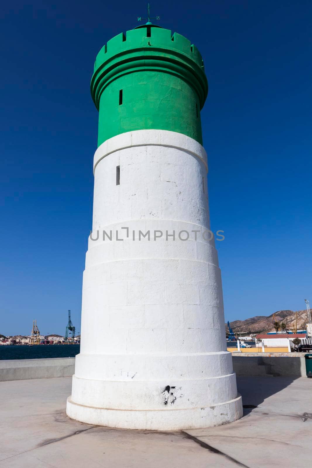 White lighthouse in Cartagena. Cartagena, Murcia, Spain.