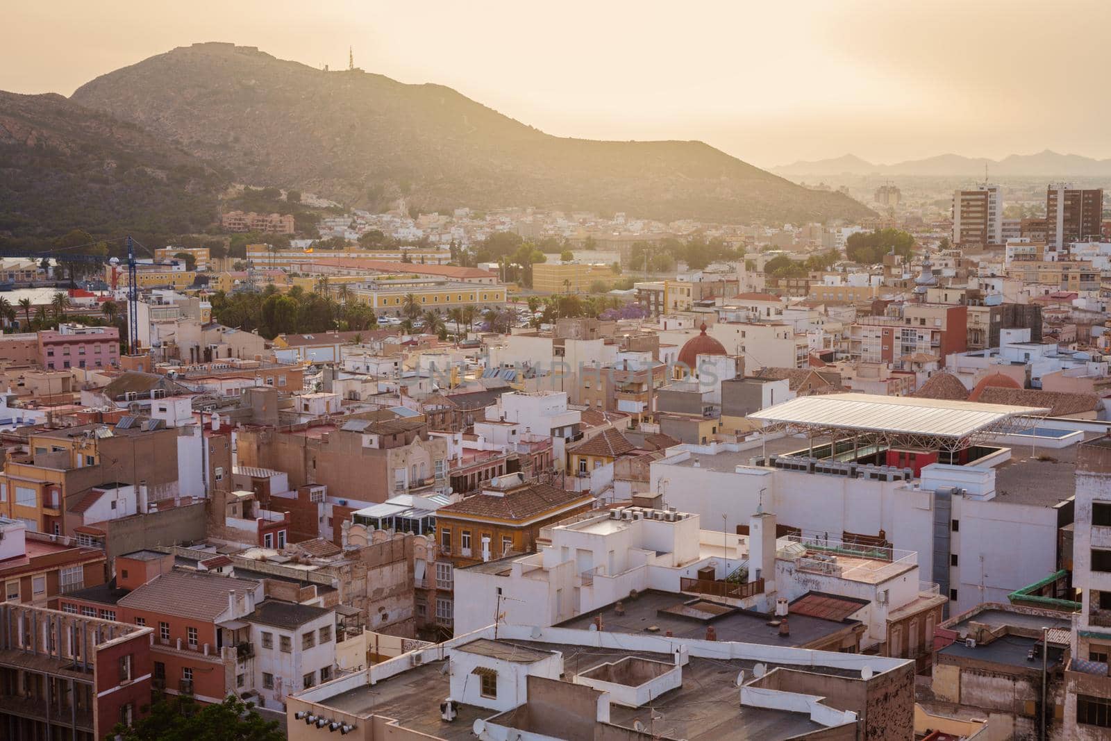 Panorama of Cartagena at sunset. Cartagena, Murcia, Spain.