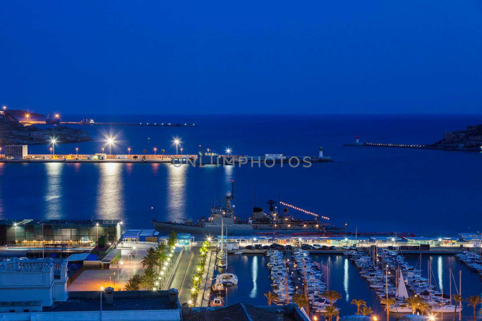 Port of Cartagena at night - aerial photo. Cartagena, Murcia, Spain.