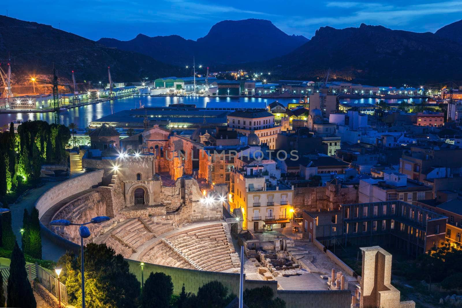 Roman Theatre and panorama of Cartagena. Cartagena, Murcia, Spain.