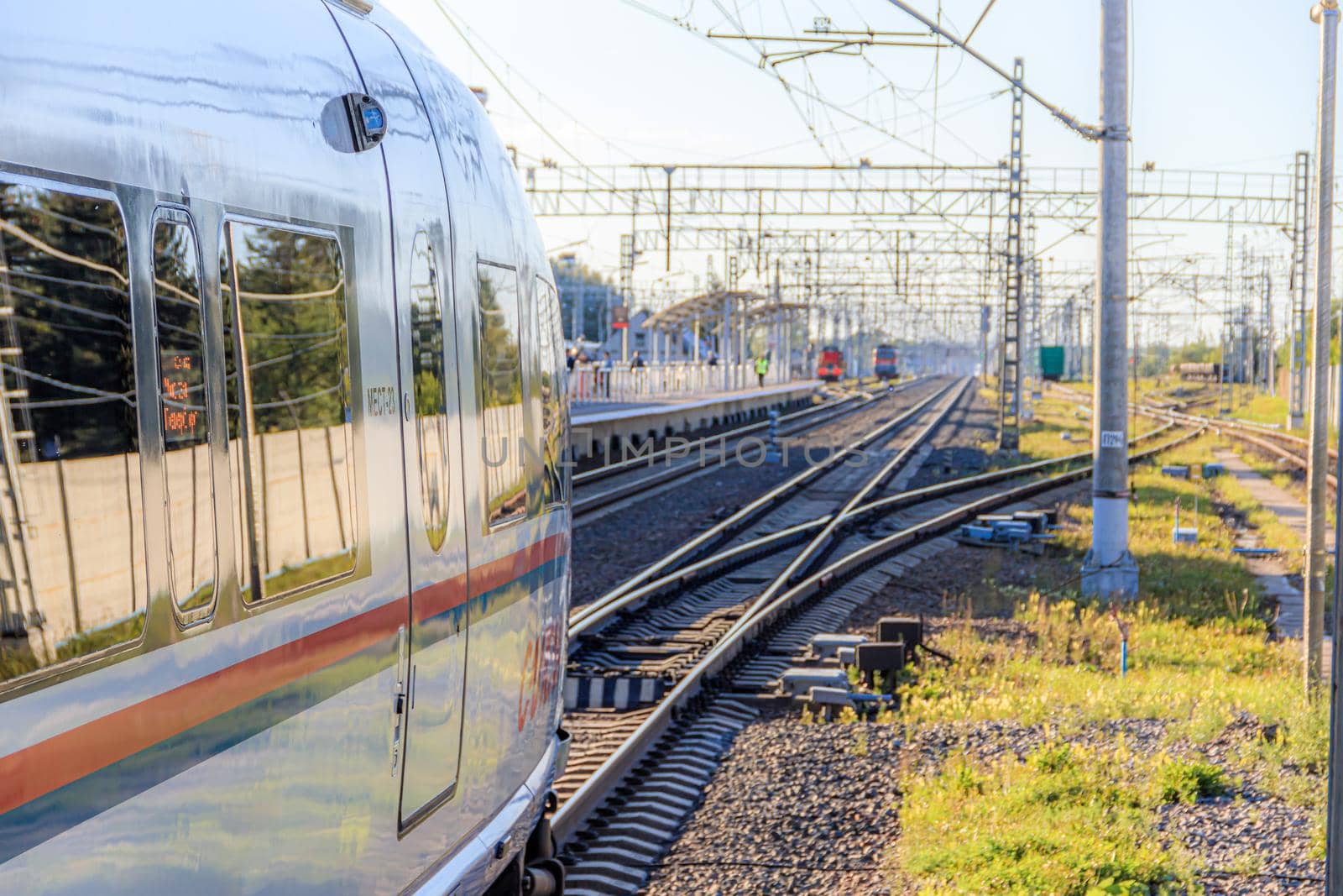 Peregrine Falcon stop . Speed train. The Route Moscow - Saint-Petersburg. the transportation of passengers. Transport. Russian railway. Train ticket. Travel around the country. Trip to the capital. Prices for railway tickets. Russia, Novgorod region, Chudovo, August 17, 2020