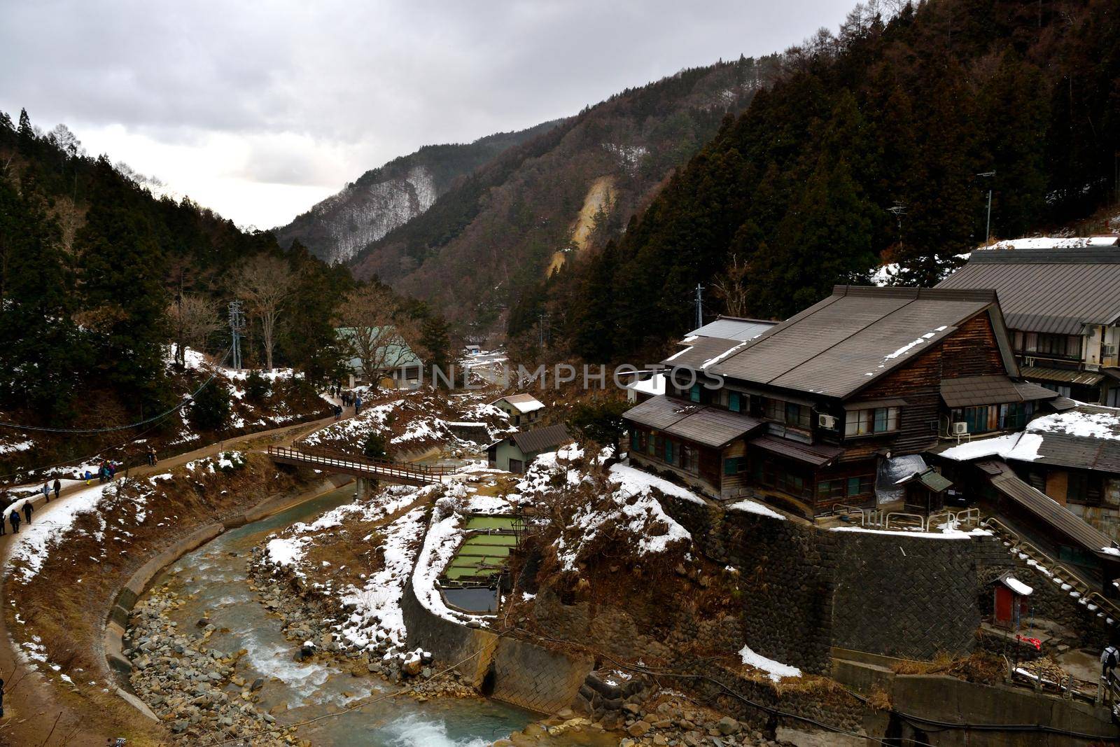 View of the valley in Jigokudani National Park by silentstock639