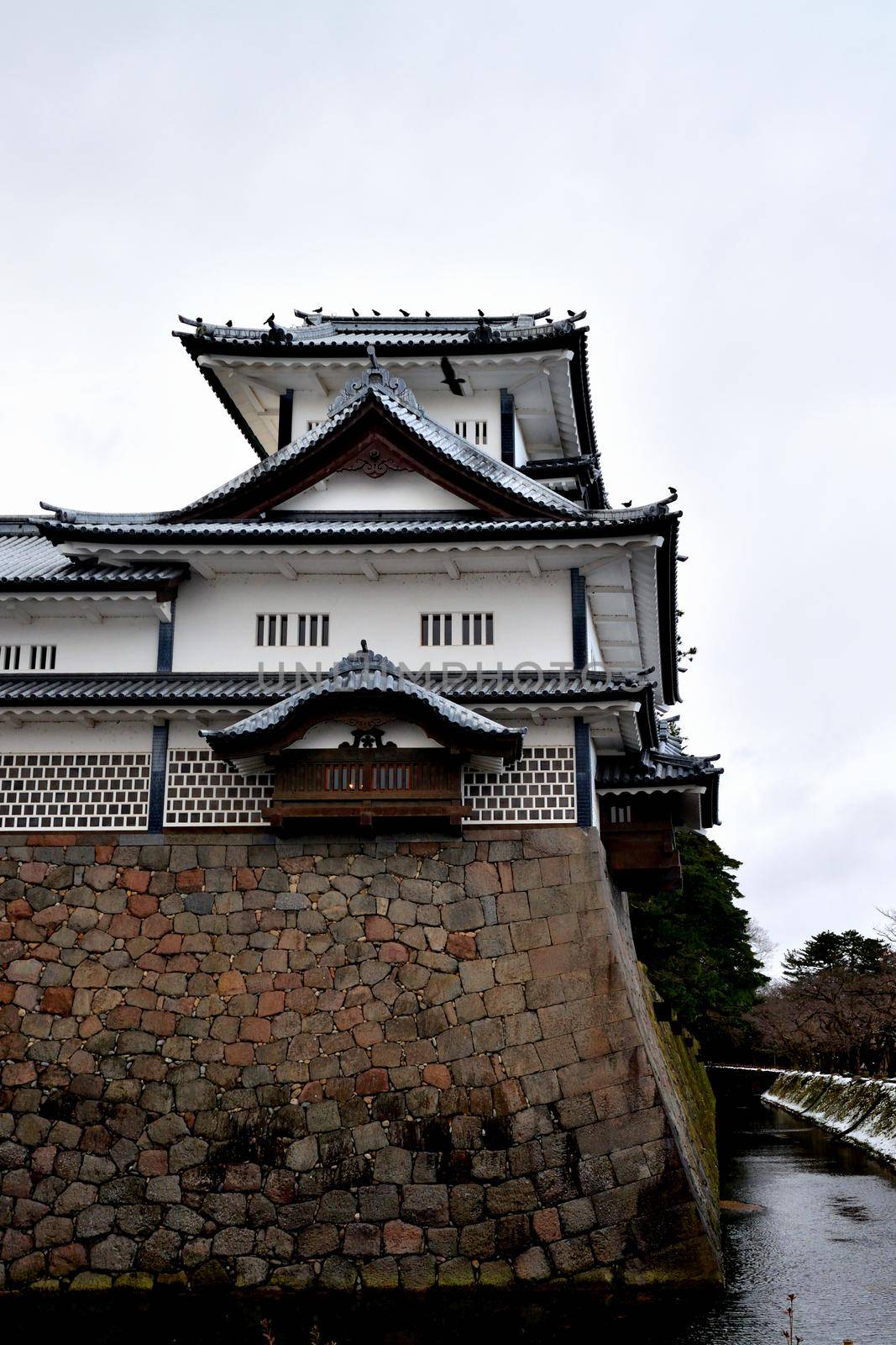 Closeup of Kanazawa castle during the winter season, Japan