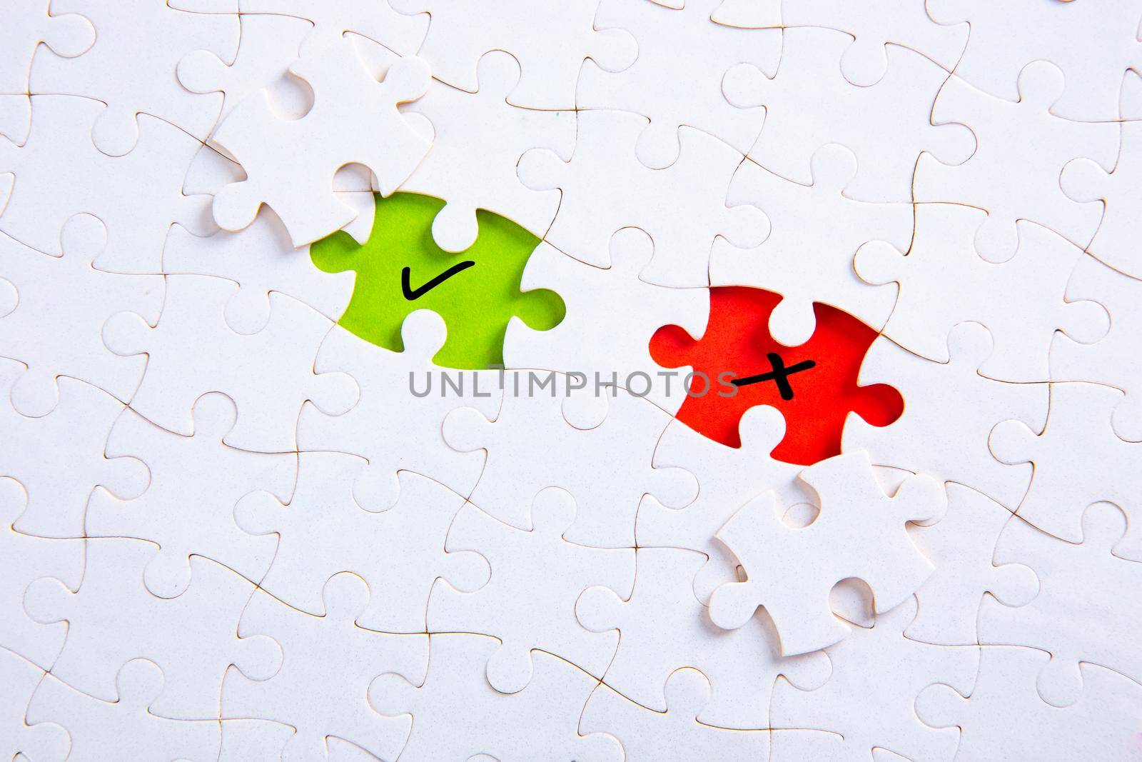 Missing puzzle pieces with check mark and cross symbols. Approve or reject, right or wrong, yes or no. by tehcheesiong