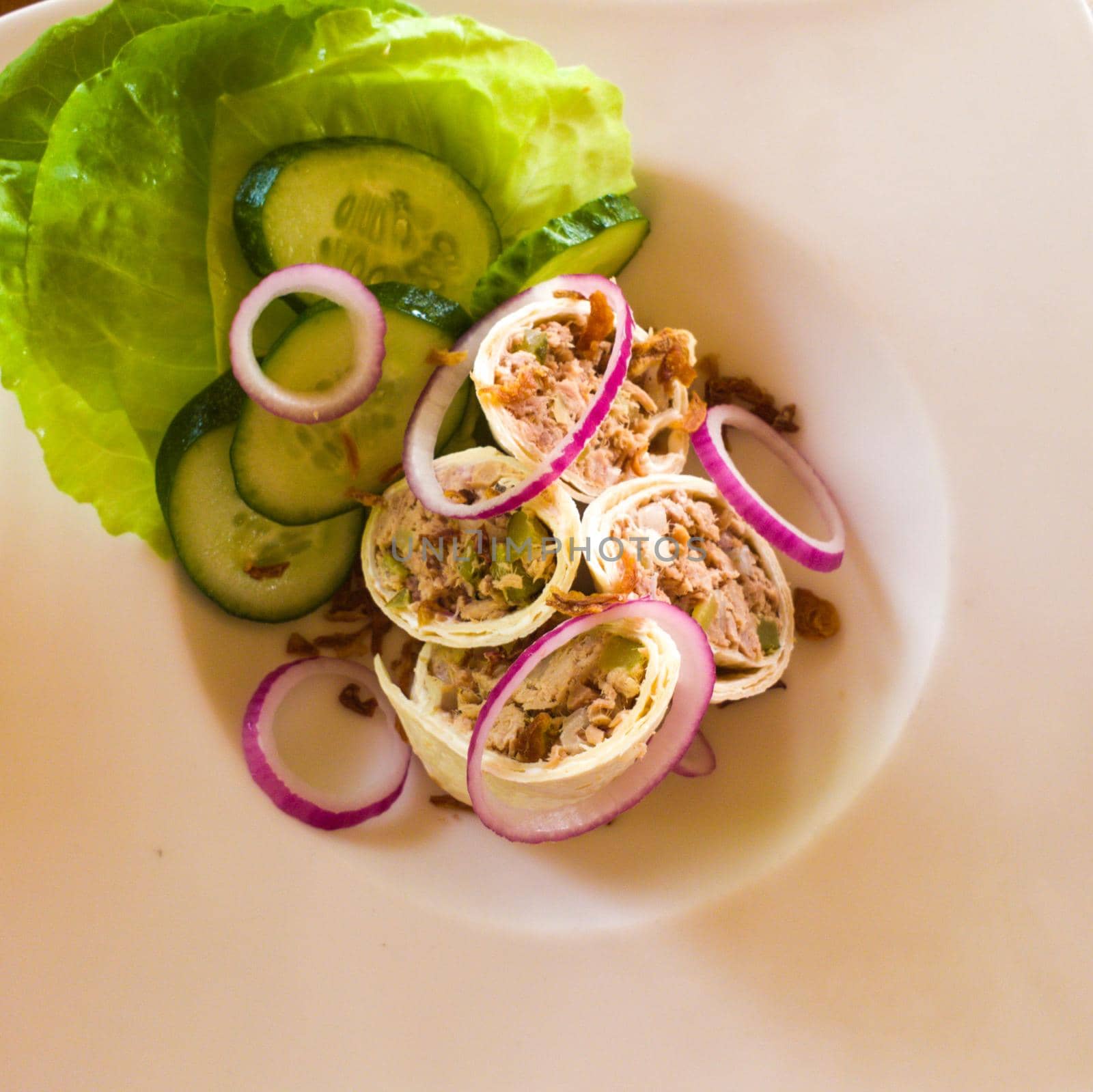 Delicious fresh dish of rolls stuffed with tuna and vegetables