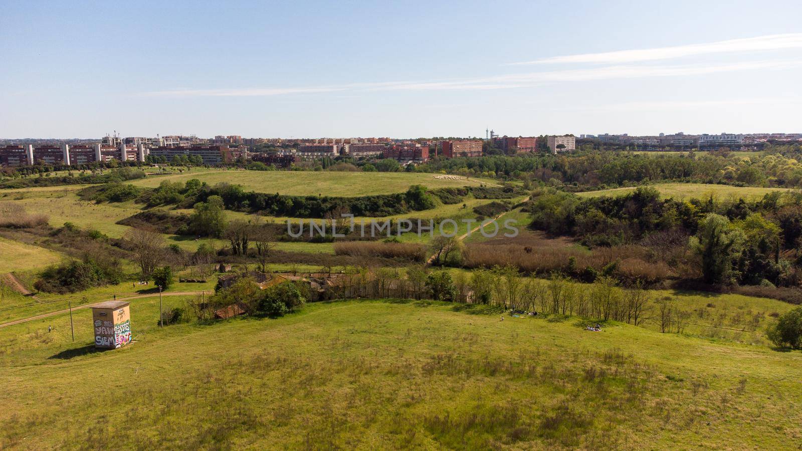 Aerial view of a public park in Rome, Italy, during the national holiday of April 25th. Few people due to the restrictions for the Covid19 pandemic.