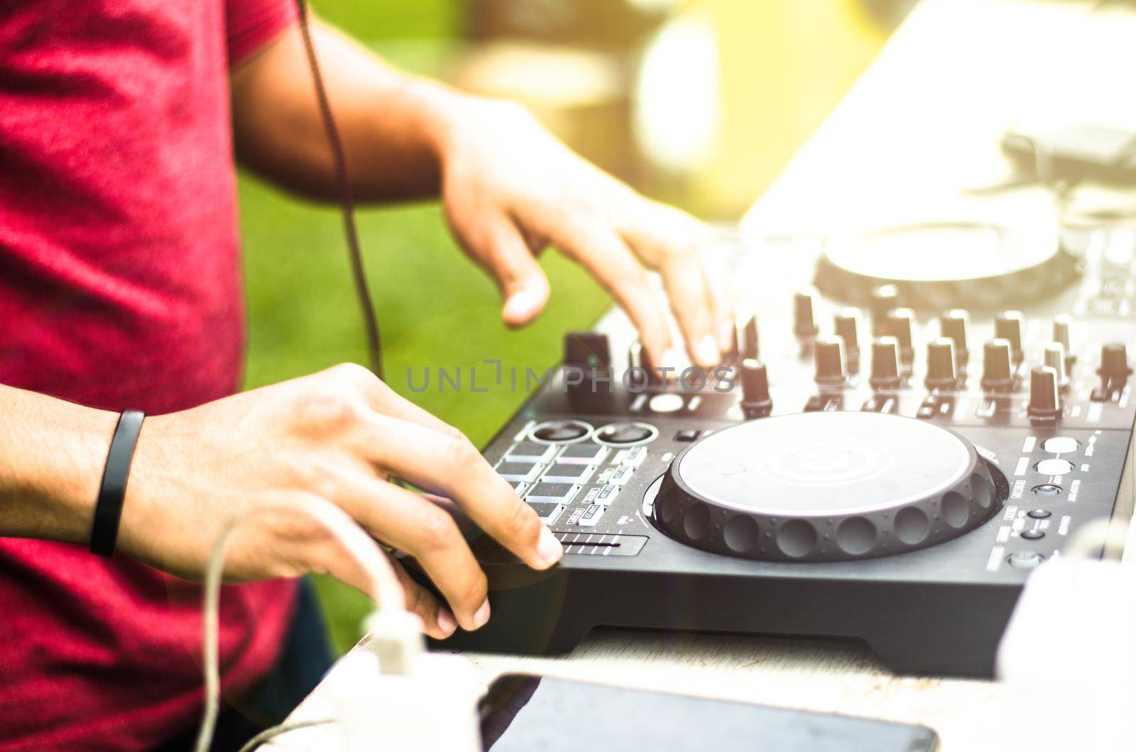 Dj mixing, Deejay playing music mixer audio outdoor - Concept of summer events and club outdoor