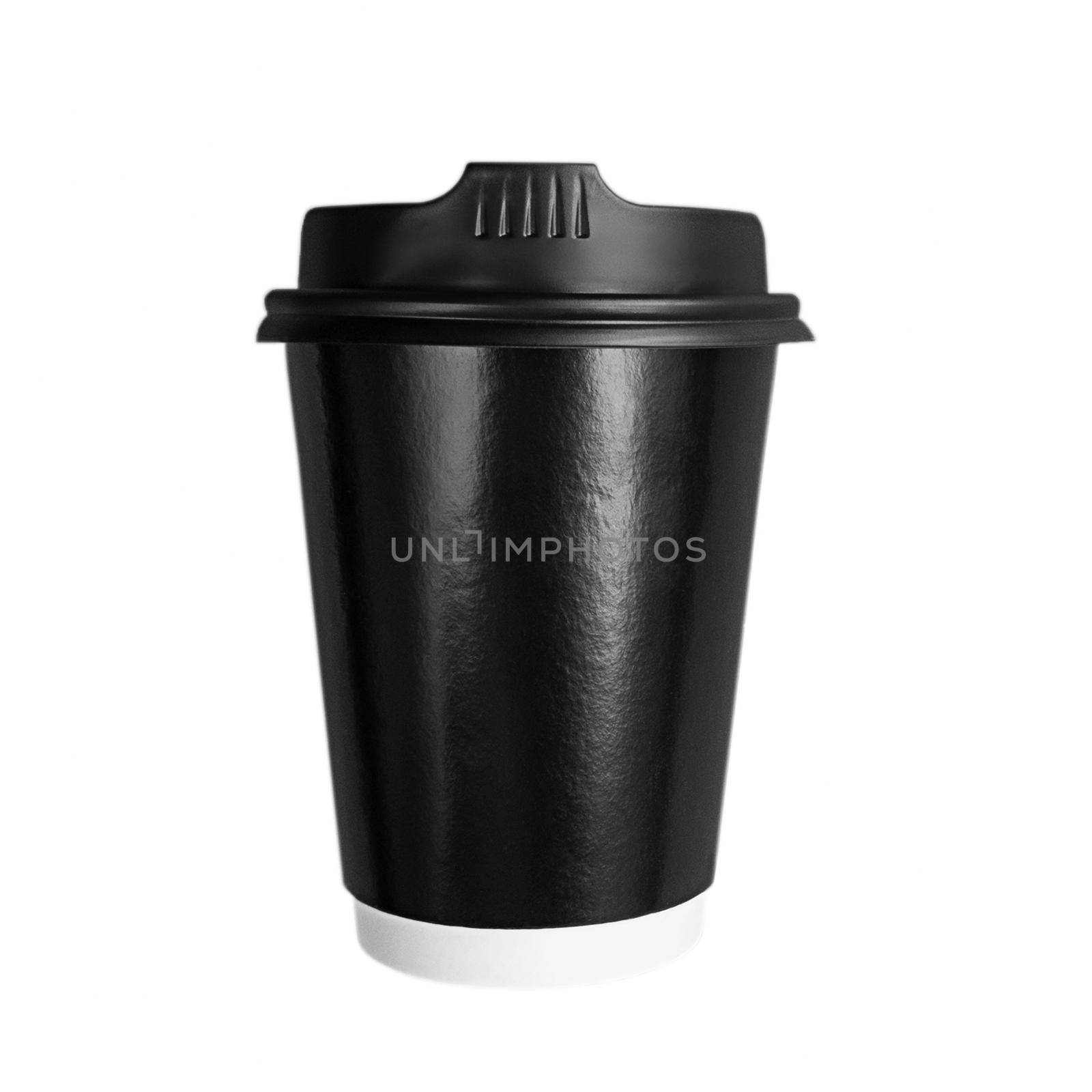 Black paper coffee cup to go isolated on a white background.