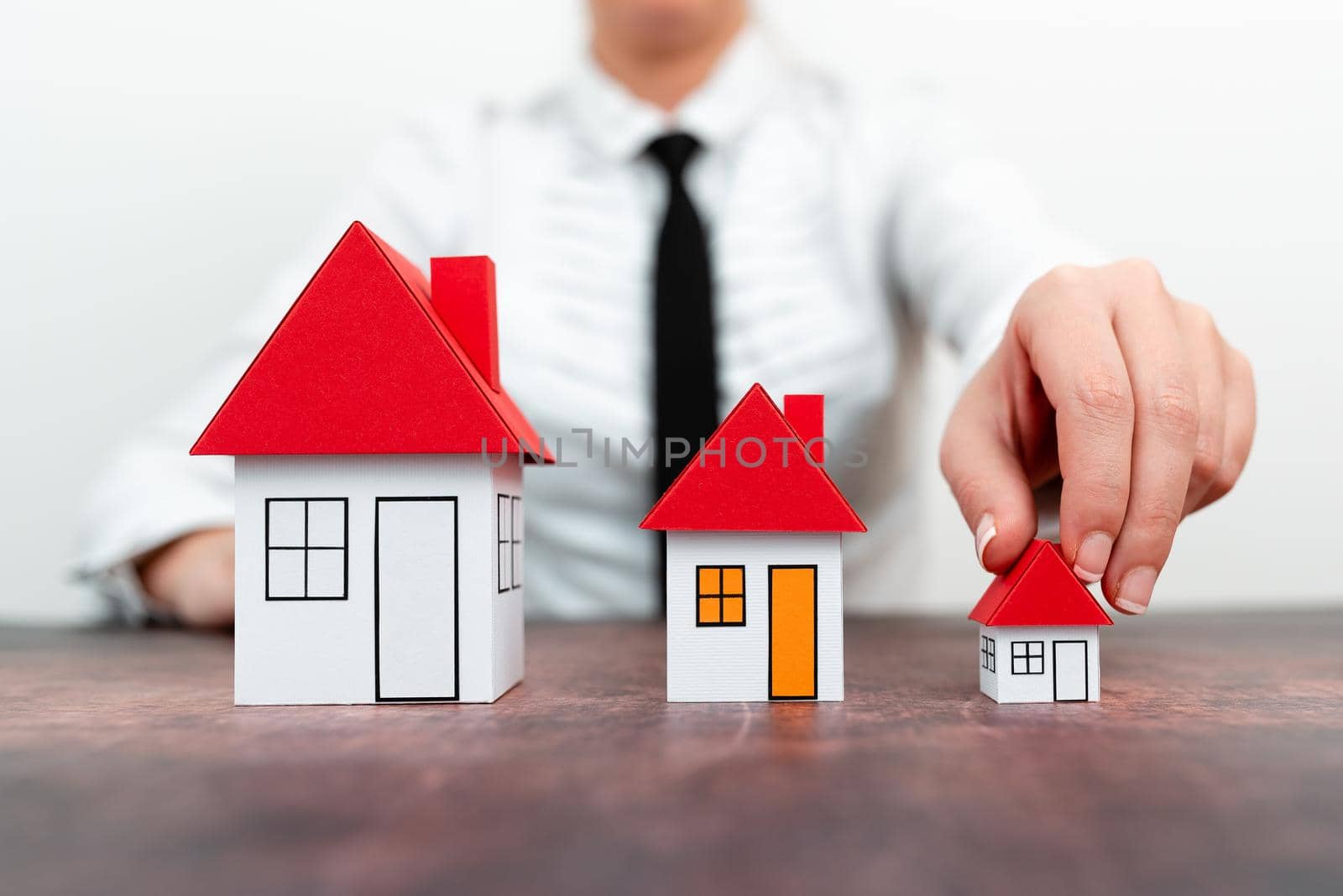 Upgrade Your House Represented By Lady In Outfit, Business Woman Presenting Plans For Home Change, Diffrent Apartment Plan Sizes Comparison, Multiple Selection Of Contracts.