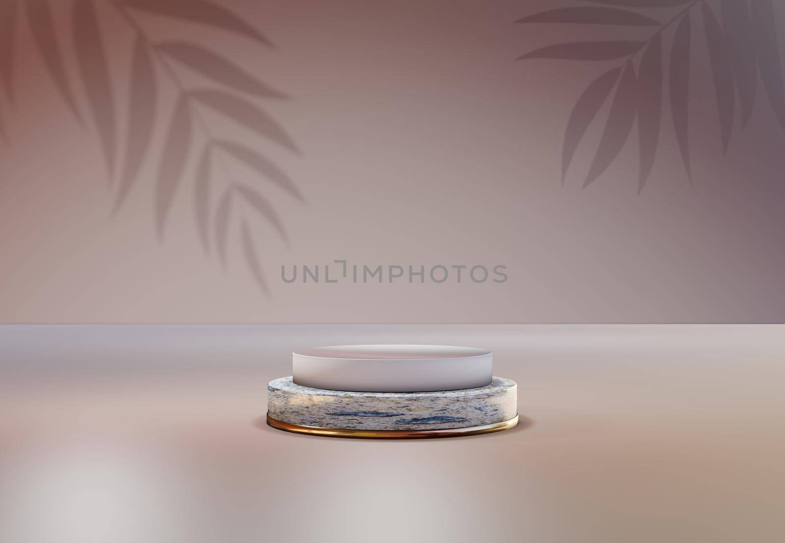 Rearl pedestal over pastel natural background. . Trendy empty podium display for cosmetic product presentation, fashion magazine. Copy space 3d render