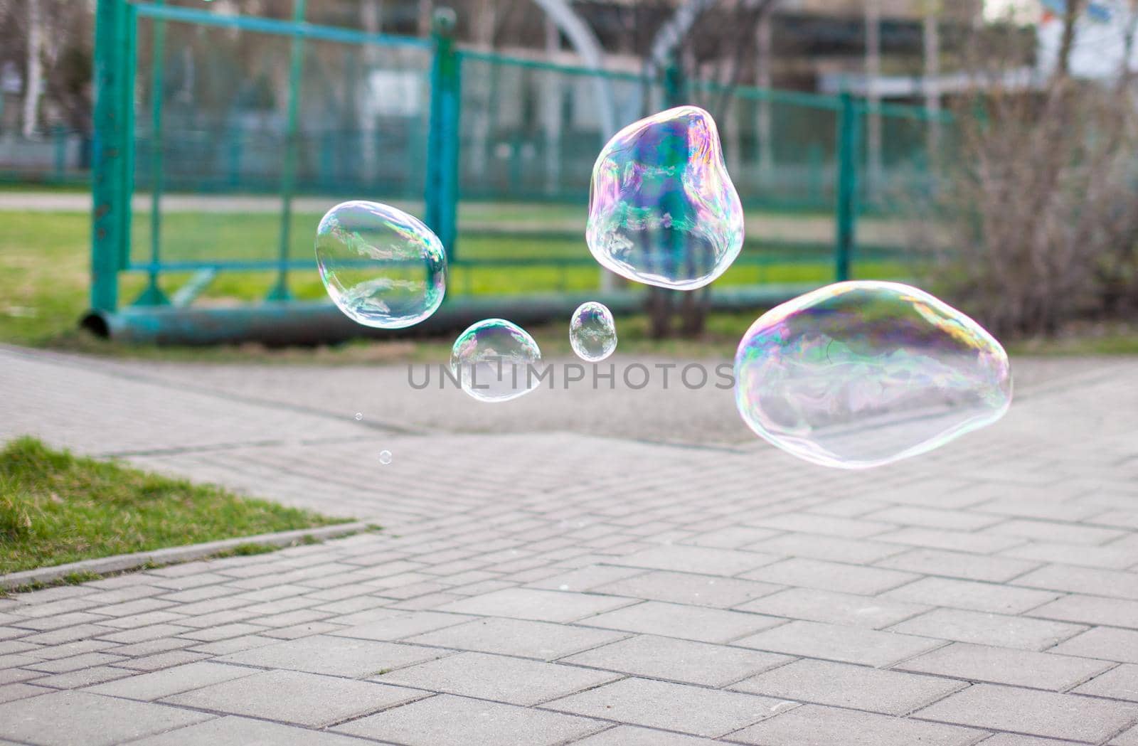 A girl blows soap bubbles in the park for the entertainment of children. Large, colorful soap bubbles in the open air in a public park.