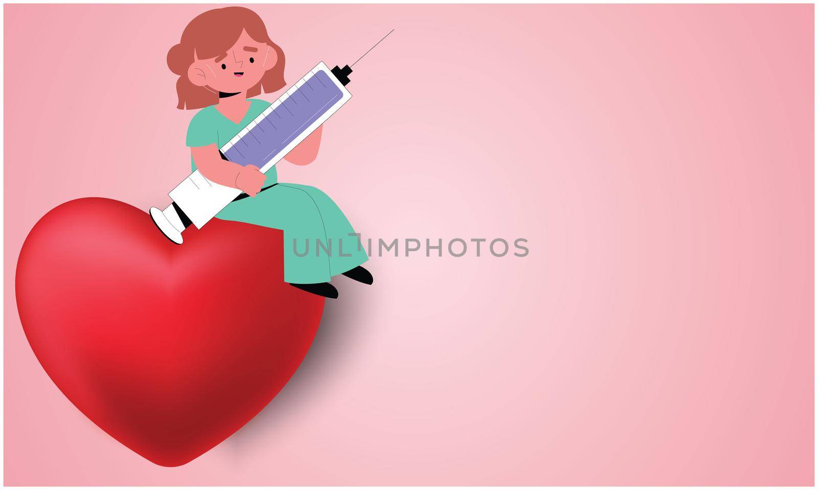 a girl carrying medicine on a red heart on abstract background