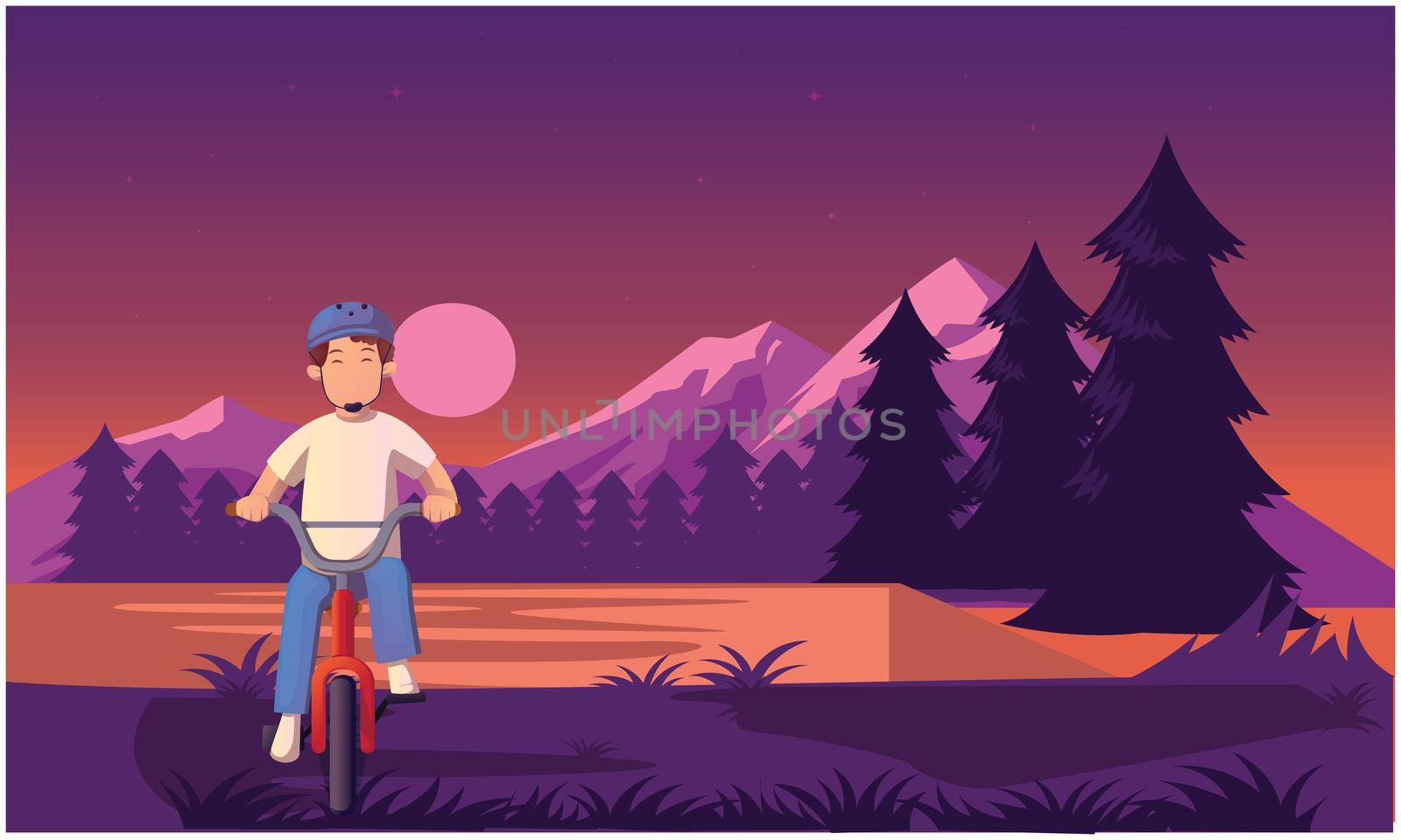 a boy riding bicycle in the evening near river