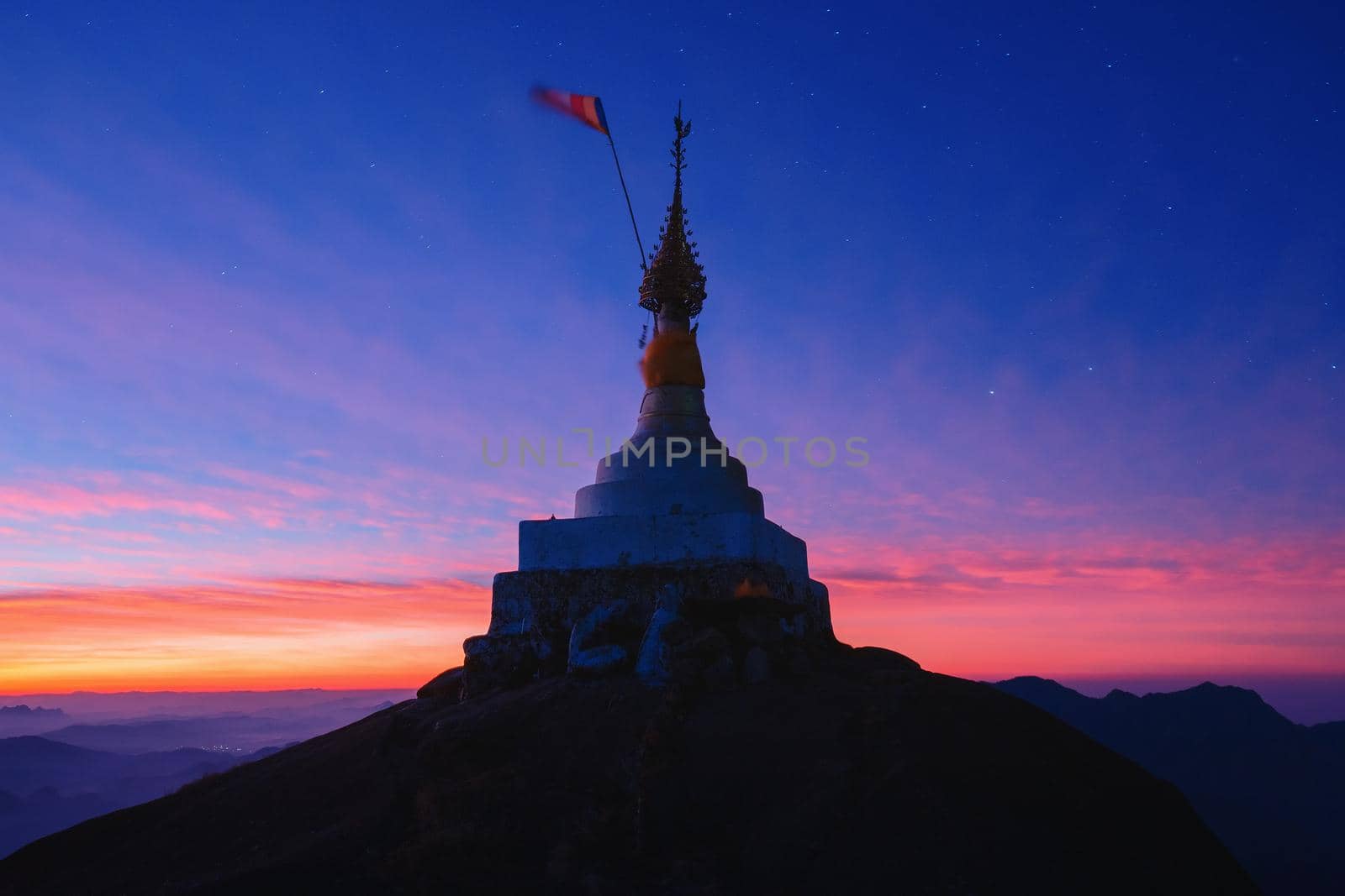 The pagoda on the top of the hill in the morning With an interesting twilight sky background