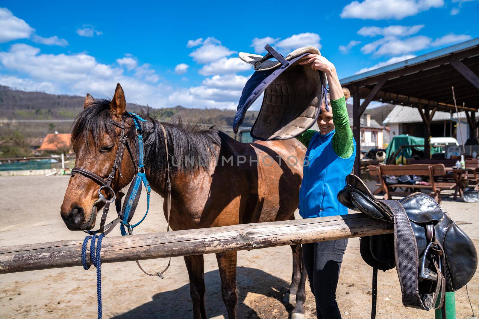 saddled horses on the farm before the ride.