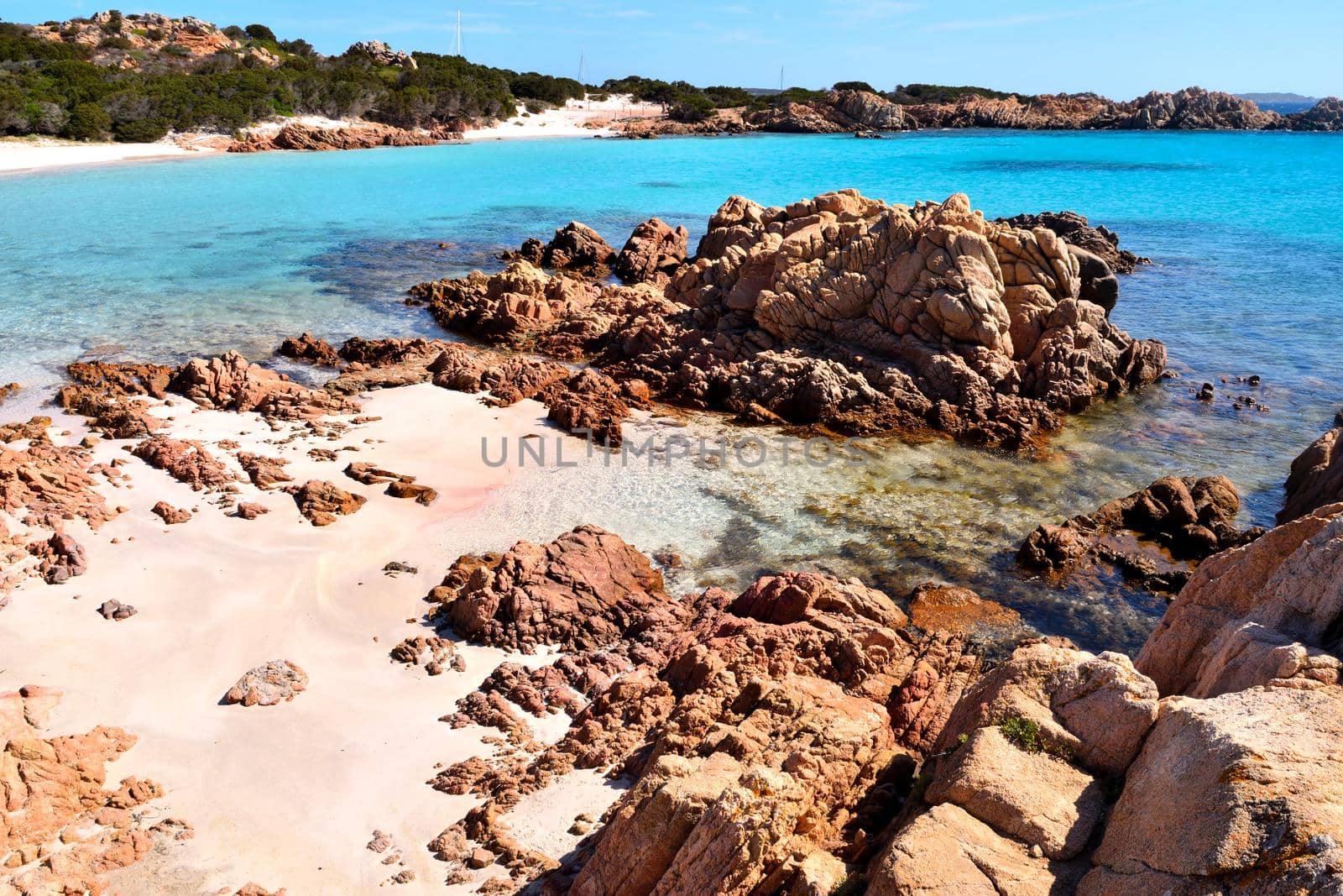 View of the wonderful Pink Beach in Costa Smeralda, Sardinia, Italy by silentstock639