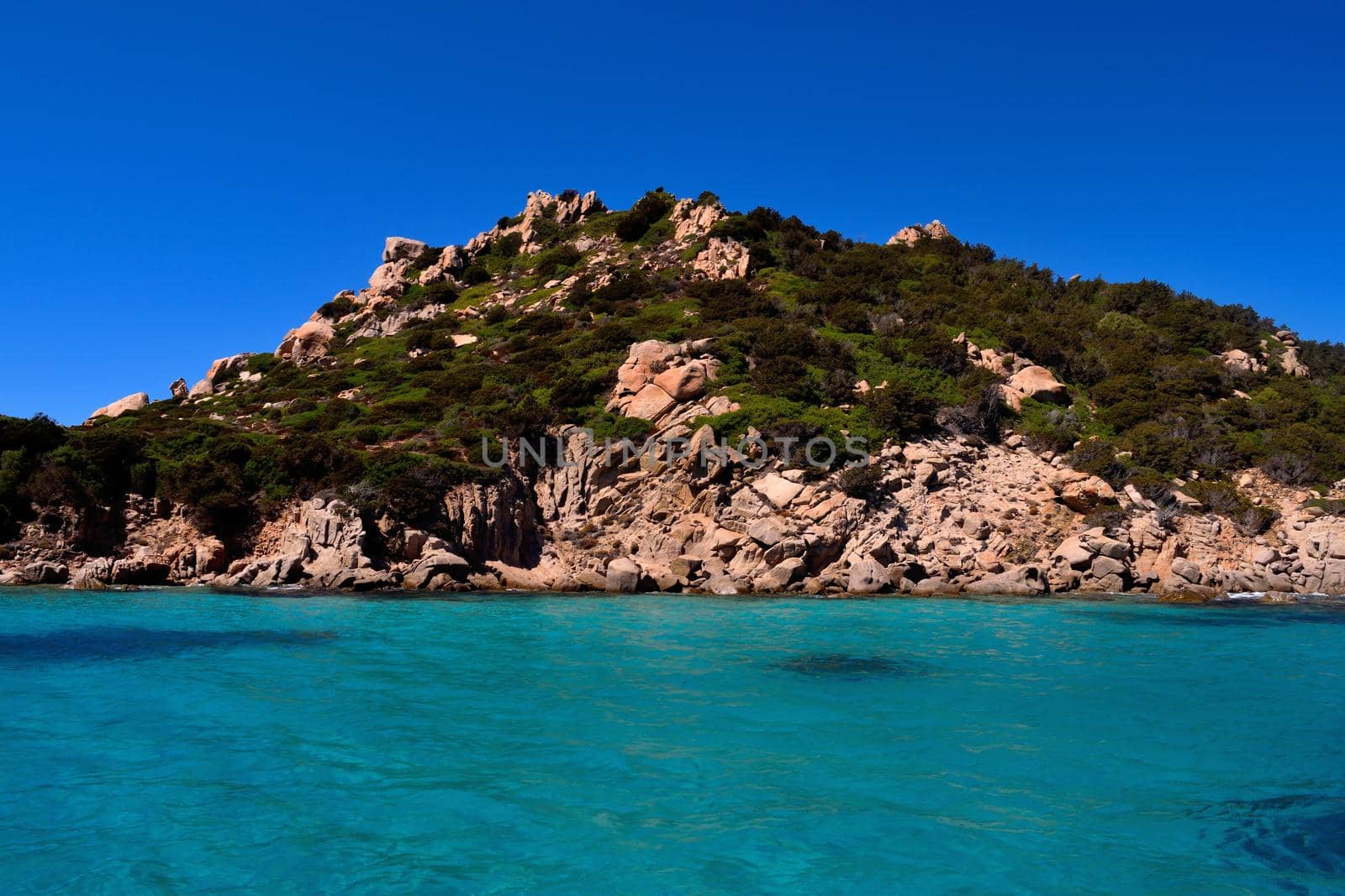 View of the wonderful islands, sea and rocks of Costa Smeralda, Sardinia, Italy by silentstock639