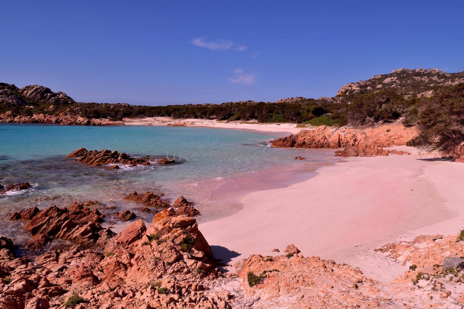 View of the wonderful Pink Beach in Costa Smeralda, Sardinia, Italy by silentstock639