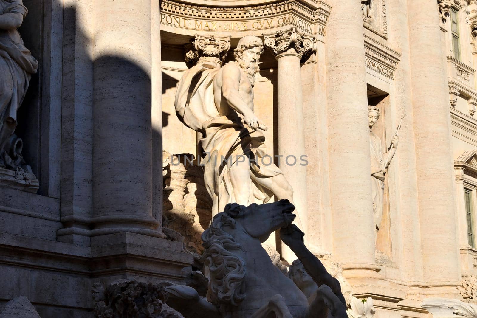 Closeup of Neptune statue, Trevi Fountain, Rome Italy