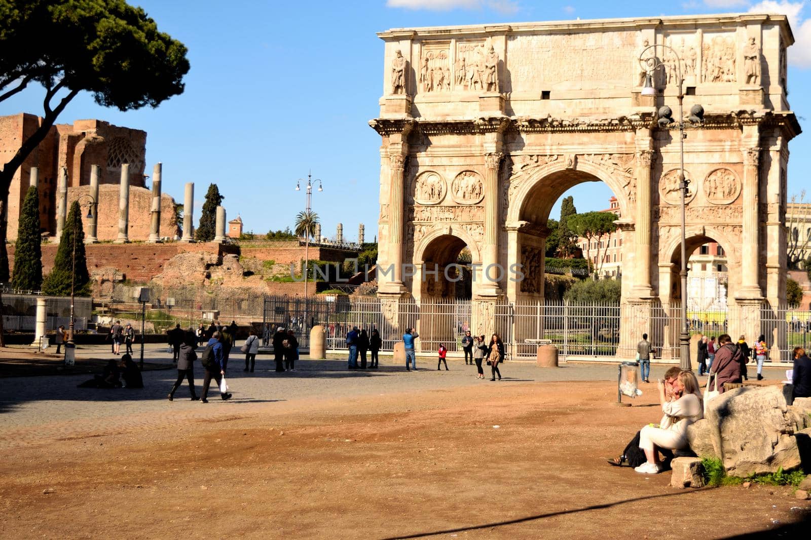 March 8th 2020, Rome, Italy: View of the Arch of Constantine with few tourists due to the coronavirus epidemic