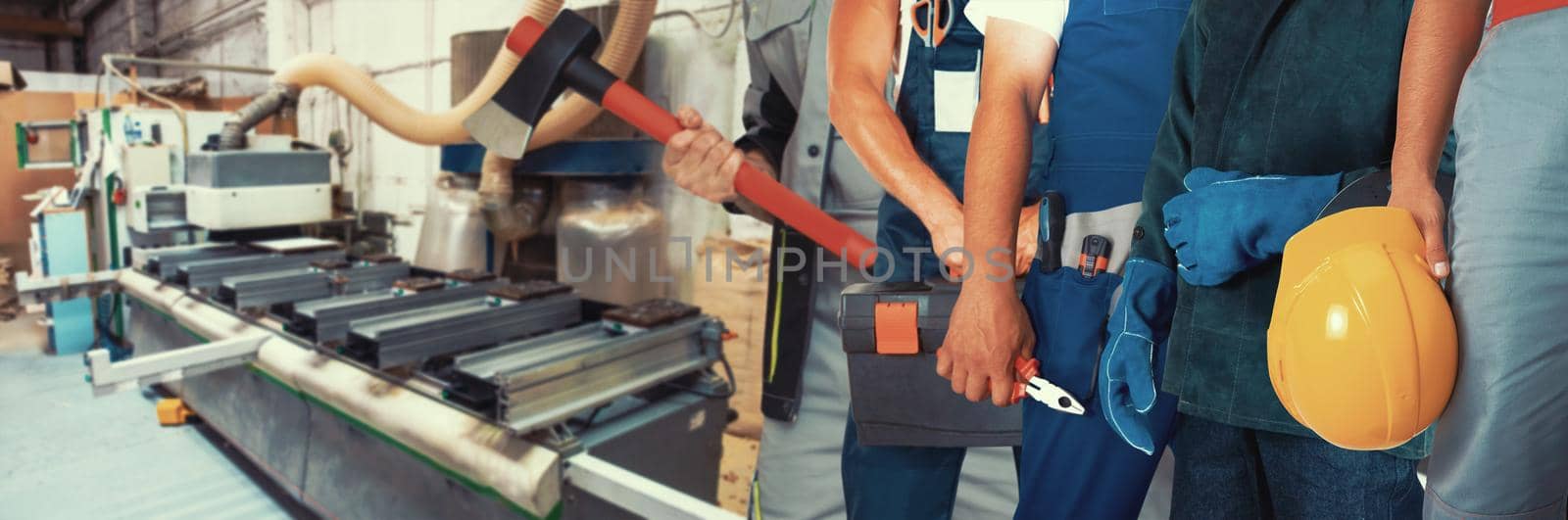 Workers with tools on wooden furniture production by rusak