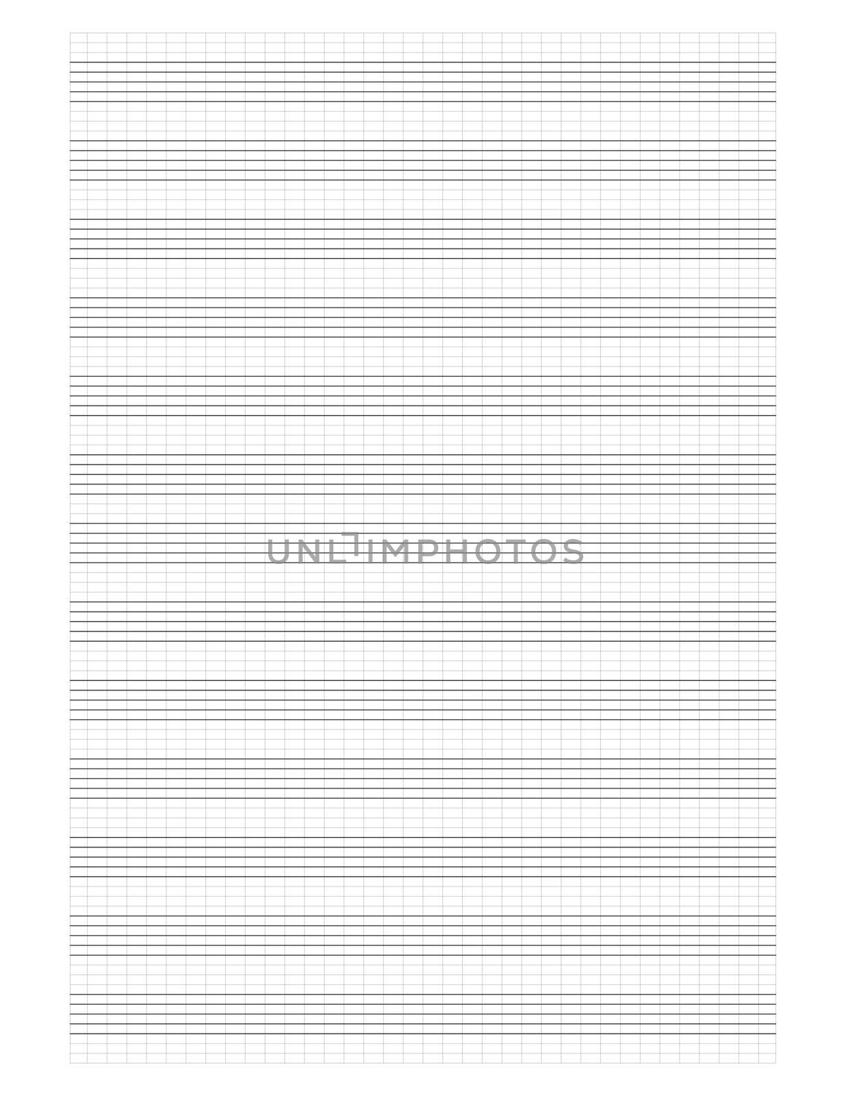 Graph paper. Printable grid paper with stave on a white background. A blank music sheet paper with staff. Geometric pattern for composition, education, school. Realistic lined paper blank size Letter.