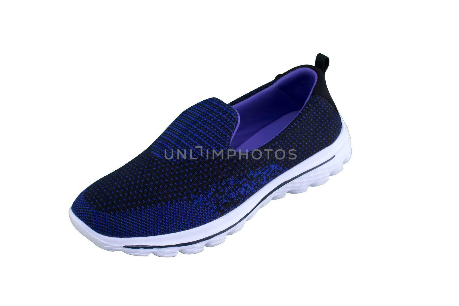 Sneakers blue with purple accents on a white sole. Sport shoes on a white background.